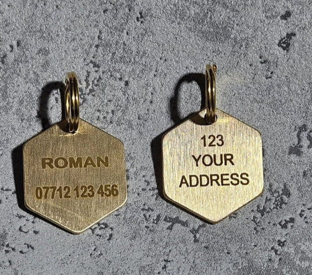 Engraved Hexagon Shaped Dog Tag personalised both sides - BRASS