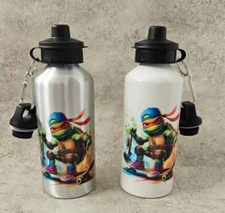 Personalised Ninja Turtle Sippy Top Drinks Water Bottle In SILVER OR WHITE