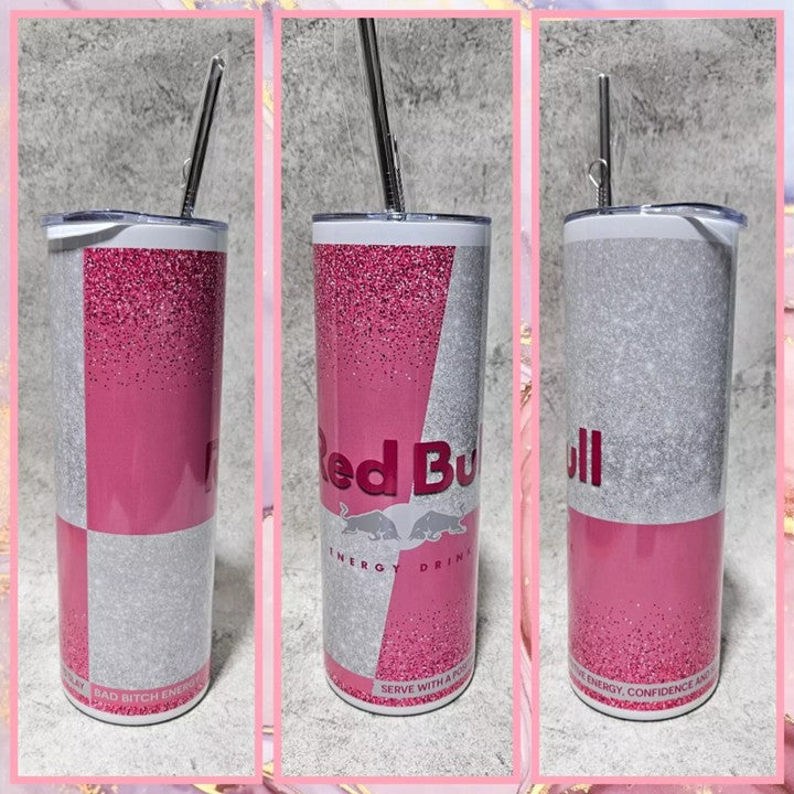 Red Bull Pink Glitter Design - Personalised Stainless Steel Drinks Tumbler