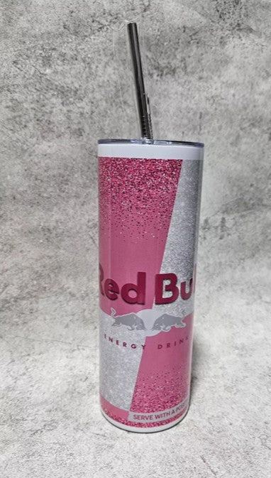 Red Bull Pink Glitter Design - Personalised Stainless Steel Drinks Tumbler