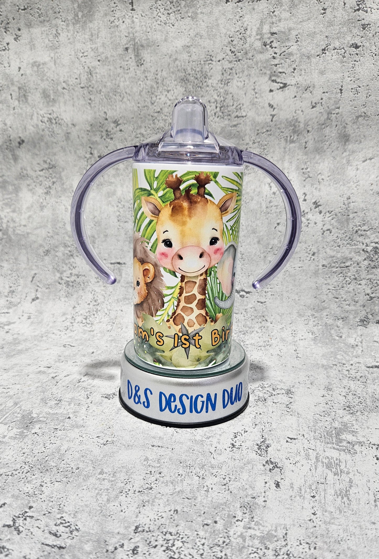 Personalised Kids Baby Infant 12oz Sippy cup Water Bottle Beaker - Jungle Safari Animals Birthday Gift