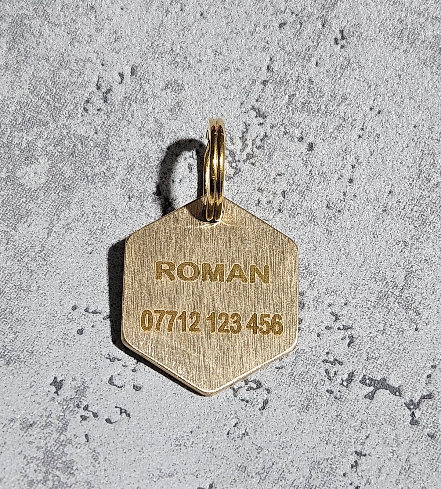 Engraved Hexagon Shaped Dog Tag personalised both sides - BRASS