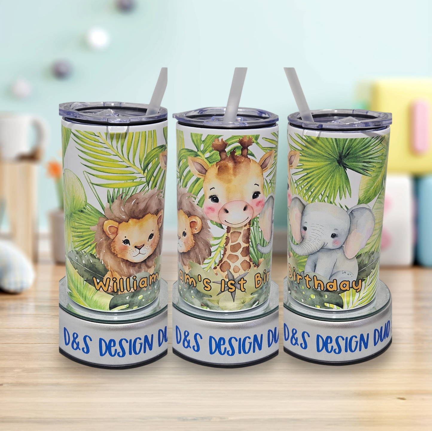 Personalised Kids Baby Infant 12oz Sippy cup Water Bottle Beaker - Jungle Safari Animals Birthday Gift