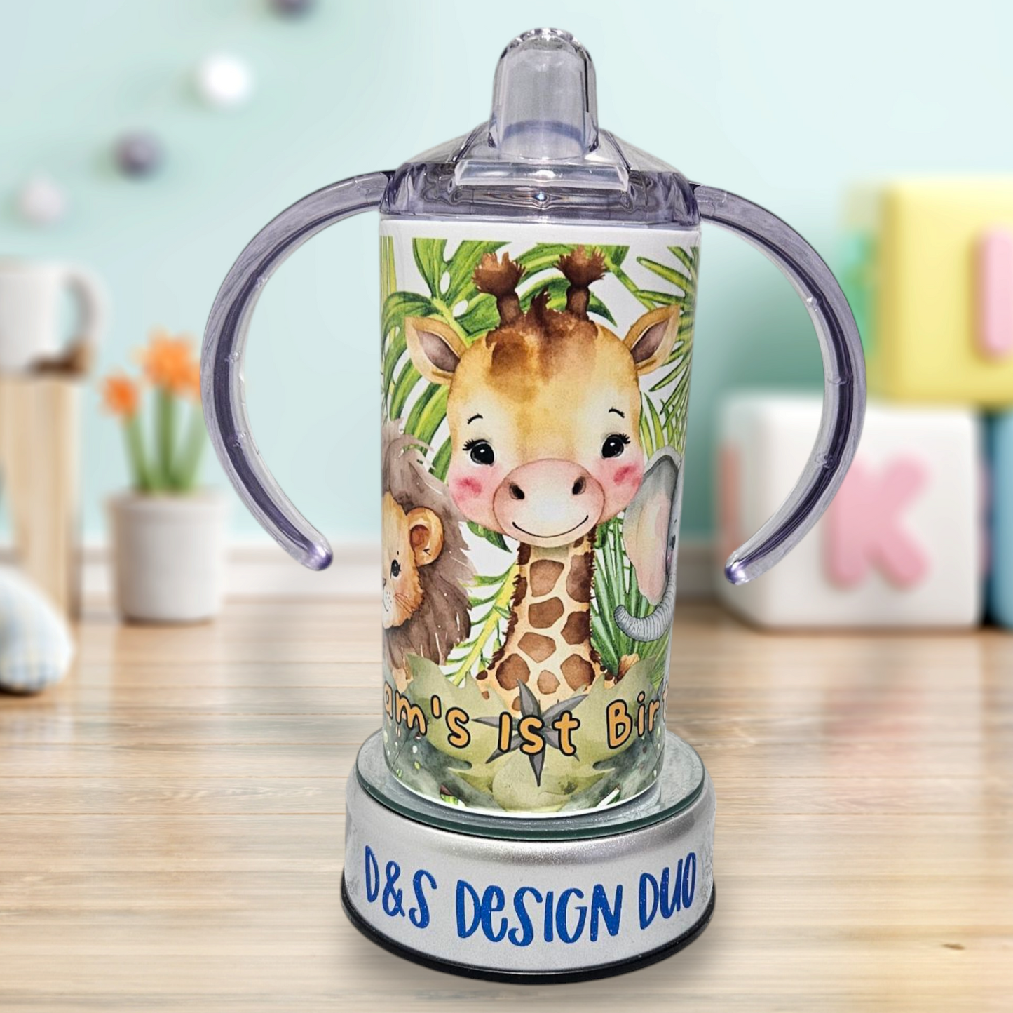 Personalised Kids Baby Infant 12oz Sippy cup Water Bottle Beaker - Jungle Safari Animals Birthday Gift